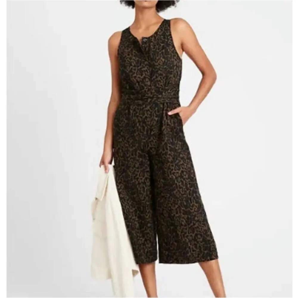 Banana Republic Womens Linen Blend Wide Leg Jumpsuit 6 Green Leopard Belted Tie